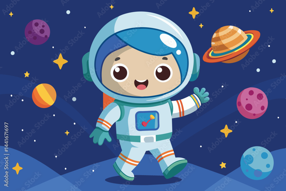 A joyful cartoon character dressed as an astronaut walks through a vibrant space environment, surrounded by various planets and twinkling stars, evoking imagination and curiosity. A joyful cartoon character dressed as an astronaut walks through a vibrant space environment, surrounded by various planets and twinkling stars, evoking imagination and curiosity.