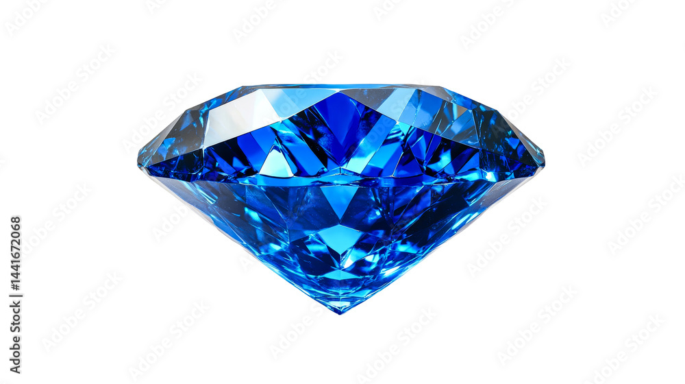 Bright blue diamond with sharp facets displayed