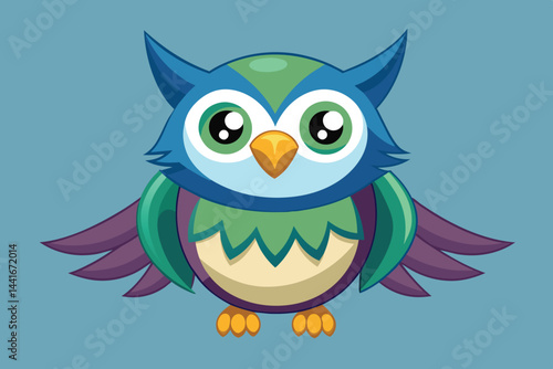 A cheerful cartoon owl with big, expressive eyes and vibrant blue and green feathers stands with outstretched wings against a soft blue backdrop, exuding charm.