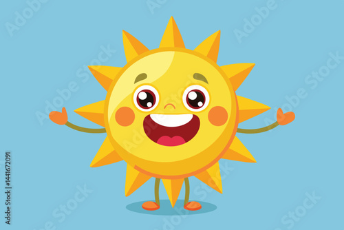 A bright and friendly sun character is smiling widely with outstretched arms, showcasing its cheerful face and vibrant rays against a soothing blue backdrop.