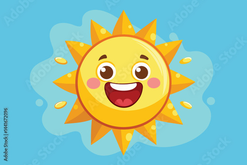 Bright yellow sun with a joyful expression radiates happiness against a clear blue background, embodying the warmth of a sunny day.