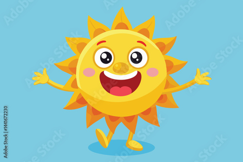 A vibrant cartoon sun character appears joyful, sporting a big smile and expressive eyes, set against a soothing light blue backdrop, radiating warmth and happiness.