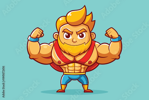 A muscular cartoon character proudly flexes his biceps, displaying strength and confidence, set against a vibrant light blue backdrop.
