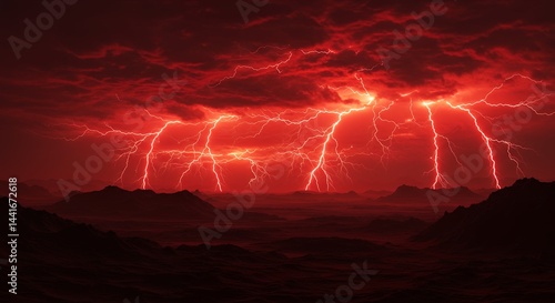 Red lightning storm at night