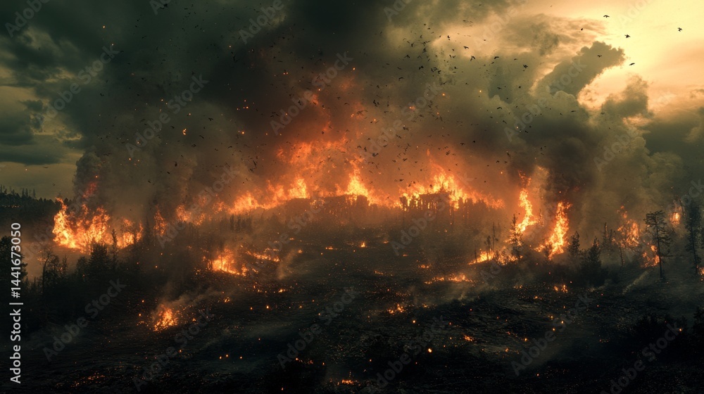 Catastrophic wildfire event in dense forest aerial view dramatic landscape nature's fury Catastrophic wildfire event in dense forest aerial view dramatic landscape nature's fury
