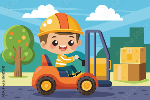 A joyful child in a hard hat operates a bright forklift, navigating a sunny outdoor environment with trees and stacked boxes nearby.