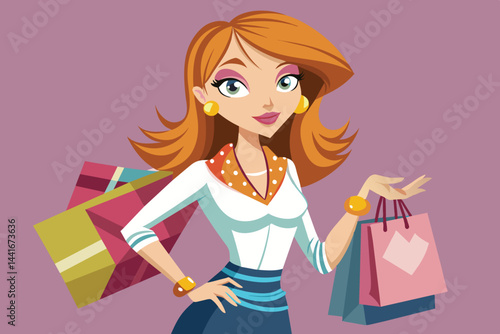 A fashionable woman poses confidently while holding shopping bags, radiating joy in a vibrant and stylish environment that reflects contemporary retail trends.