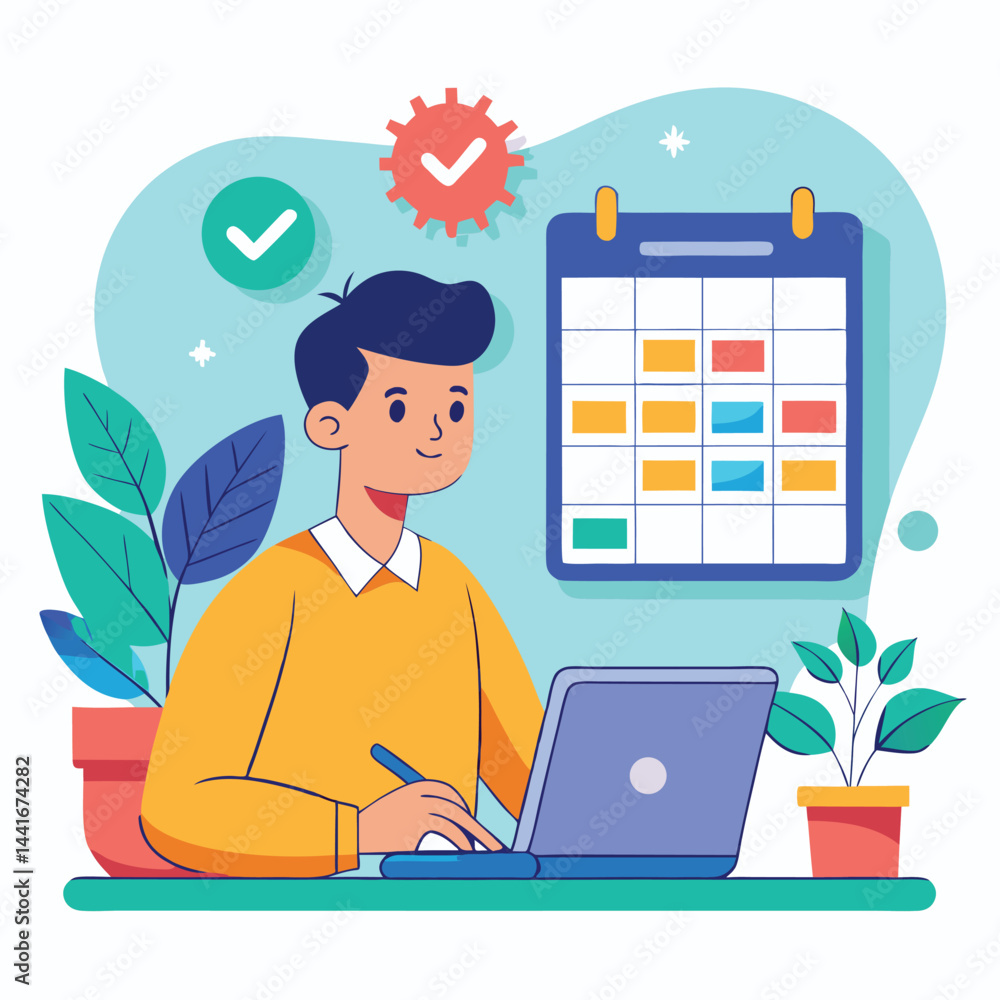 Young man with computer fills schedule calendar vector Young man with computer fills schedule calendar vector