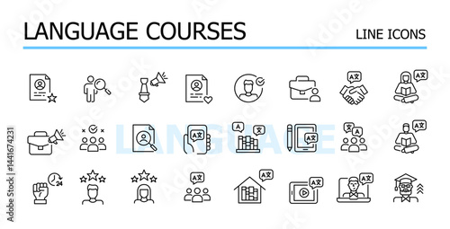 Learning foreign languages for career advancement. Vector icons set
