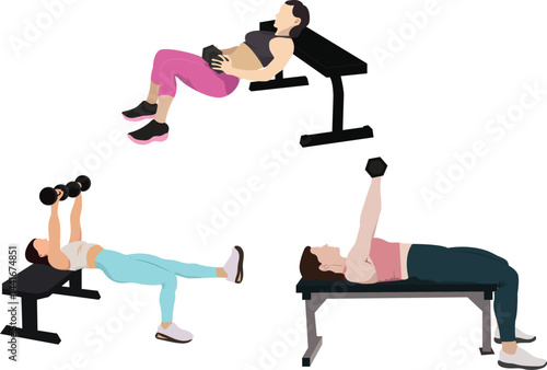 Dumbbell Hip Thrust, Glute Bridge and Bench Press vector illustration of a young woman. 