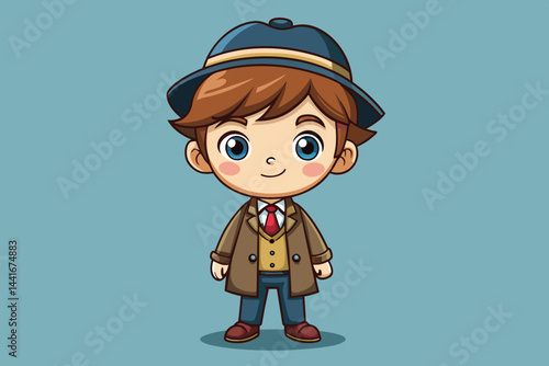A cheerful cartoon boy detective wears a brown coat, blue hat, and red tie, showcasing a playful, stylish appearance against a solid light blue backdrop.