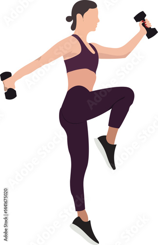 A young woman wearing sportswear and doing Dumbbell High knees exercise Vector illustration.