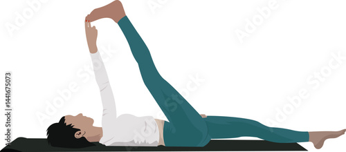 A young women lying on a Yoga mat and doing Supine Leg Stretch exercise Vector illustration. 