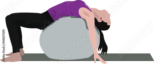 A woman doing Backbend on Exercise Ball on a yoga mat Vector illustration.