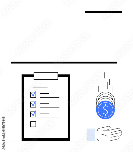 Minimalist checklist with completed tasks beside a hand catching falling coins. Ideal for business goals, productivity, financial management, savings, online rewards, budget planning, simple landing