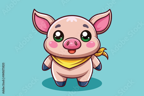 A playful cartoon pig character stands with a bright smile, wearing a yellow scarf, showcasing its large green eyes and rosy cheeks in a friendly, light blue setting.