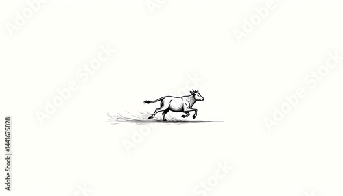 Illustrative depiction of a galloping bull rendered in monochrome artwork isolated