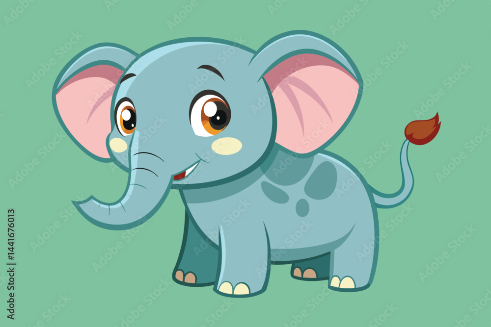 Fototapeta premium A cartoon elephant stands with a joyous expression, displaying its large ears and playful demeanor, creating an inviting and happy atmosphere for viewers of all ages.