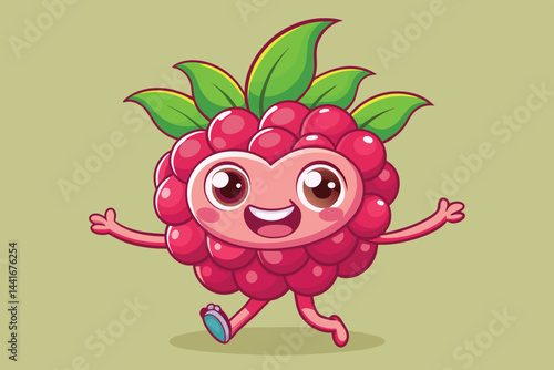A vibrant cartoon raspberry with a happy expression and arms wide open runs energetically, surrounded by green leaves that enhance its playful personality and bright colors.