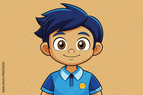A cartoon boy with vibrant blue hair smiles warmly while wearing a blue polo shirt. His friendly expression adds a playful touch against a light backdrop.
