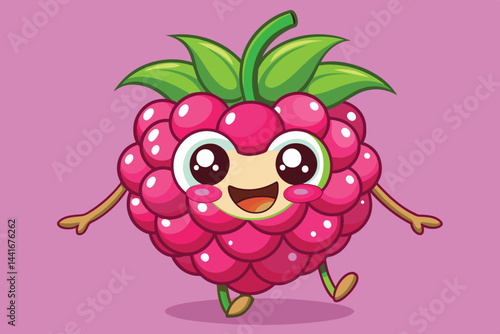 A playful cartoon raspberry character with a smiling face and large eyes is dancing happily against a bright pink background, showcasing joy and fun in an adorable design.