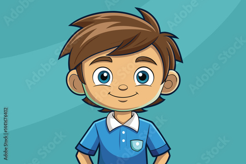 A cheerful cartoon boy sports a blue collared shirt and bright smile, radiating a playful vibe against a vibrant teal background. Ideal for children's illustrations.