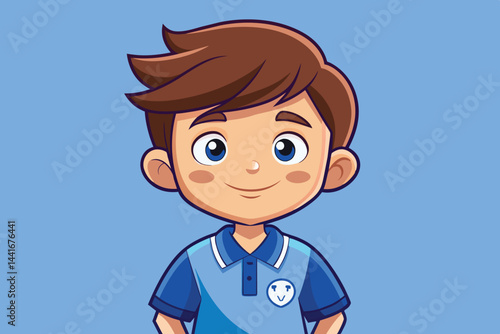 The boy displays a cheerful demeanor with a friendly smile, dressed in a blue polo and standing in front of a simple blue backdrop, showcasing youthful energy and positivity.