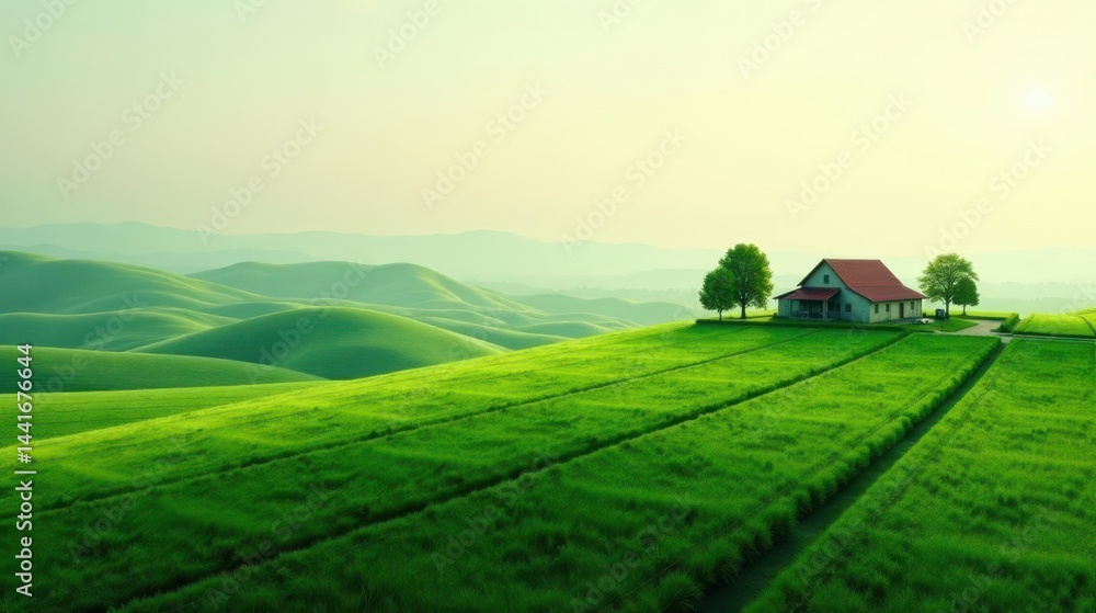 Serene Farmhouse nestled amidst rolling green hills and vibrant farmland under a soft sunrise Serene Farmhouse nestled amidst rolling green hills and vibrant farmland under a soft sunrise