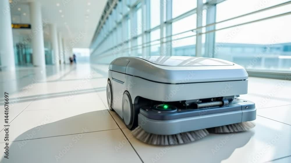 Automated Floor Cleaning Robot Navigating a Bright, Spacious Interior Corridor with Large Windows and Polished Surfaces Automated Floor Cleaning Robot Navigating a Bright, Spacious Interior Corridor with Large Windows and Polished Surfaces