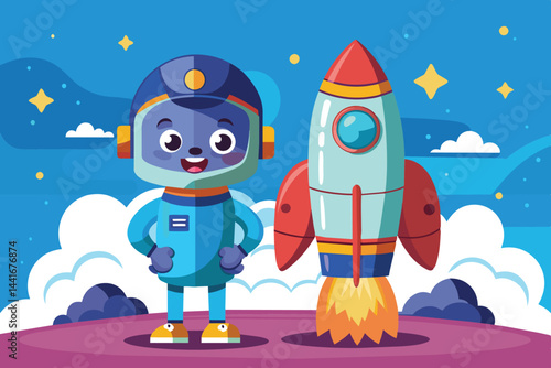 A happy astronaut wearing a blue suit smiles next to a vibrant rocket, set against a playful backdrop of clouds and twinkling stars in a colorful sky.