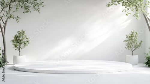 Minimalist white circular podium display stage surrounded by green potted plants under soft natural sunlight casting shadows on a clean white wall.