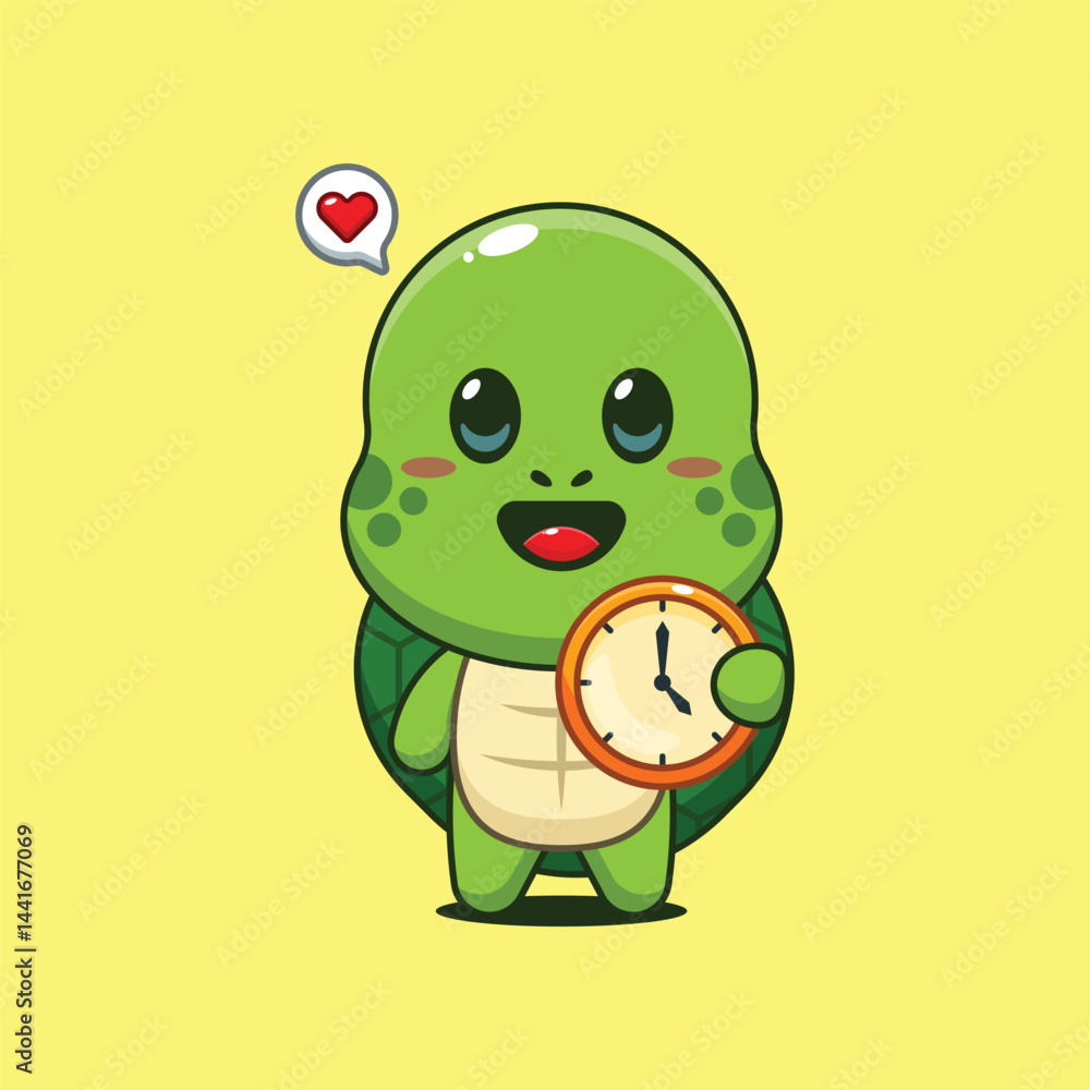 Obraz premium Cute turtle cartoon vector illustration with clock