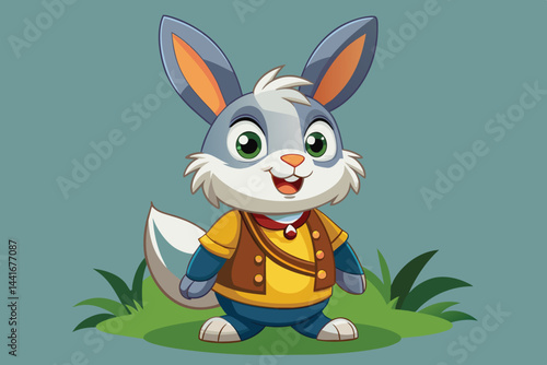 A stylized rabbit character with grey fur and striking green eyes smiles warmly in a vibrant green setting. The character is dressed in a colorful outfit, radiating cheerfulness.