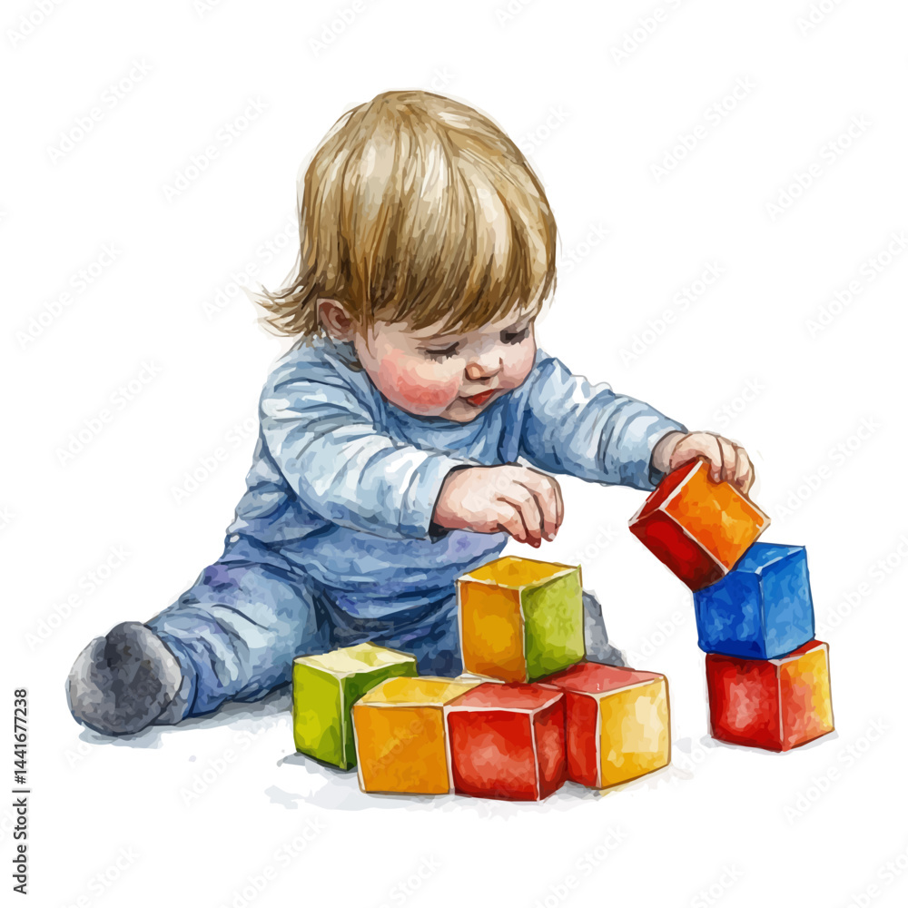 illustration of Toddler Playing With Building Blocks, watercolor vector, isolated on a white background. illustration of Toddler Playing With Building Blocks, watercolor vector, isolated on a white background.