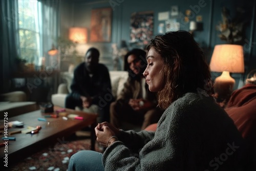 thoughtful woman sitting on a couch in a cozy, warmly lit living room with two people quietly sitting in the background, creating an intimate and relaxed atmosphere