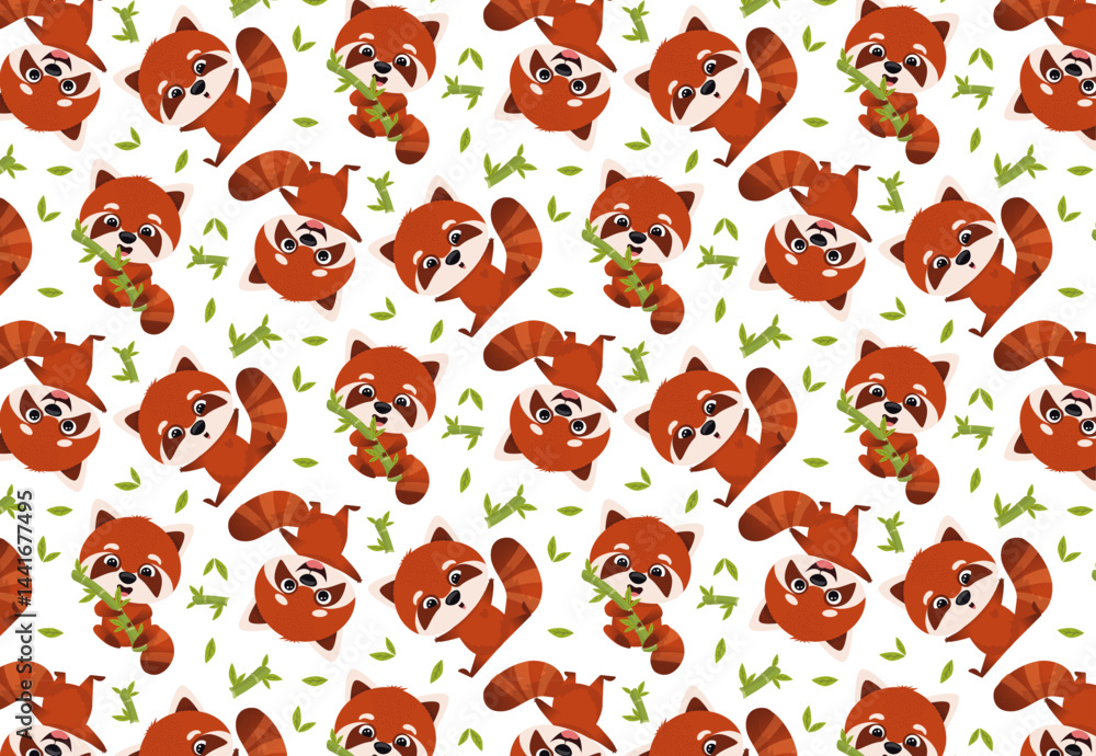 Fototapeta premium Pattern with funny red panda in different poses. Seamless. Vector hand drawn illustration