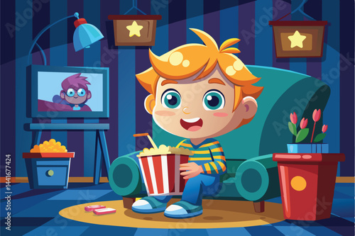 A young boy with blond hair is seated comfortably on a green couch, happily eating popcorn as he watches a colorful cartoon on the TV while surrounded by cheerful decor.