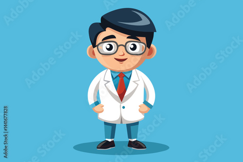 A cheerful cartoon doctor with glasses wears a white coat and a tie, exuding confidence. The simple blue backdrop enhances the focus on the character's friendly demeanor.