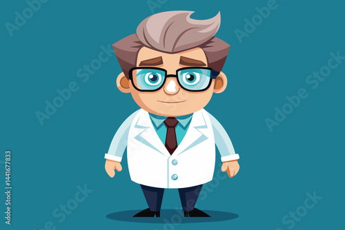 A cheerful male doctor wearing a white lab coat and glasses stands confidently against a blue background, ready to help patients with a friendly smile.