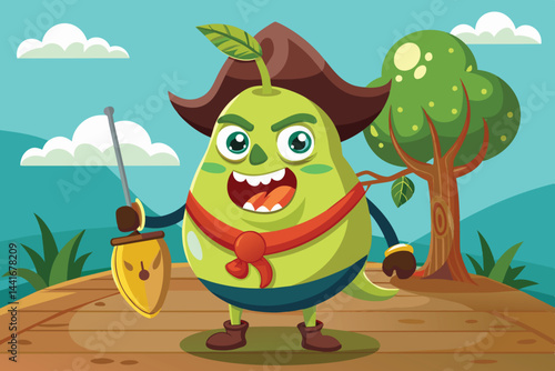 A lively pear dressed as a pirate poses on a deck with a sword while a tree stands nearby, showcasing a whimsical and adventurous spirit in a vibrant landscape.