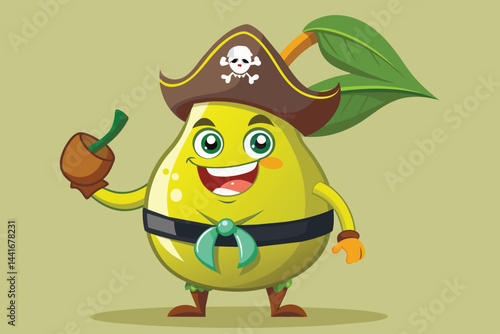 A playful animated pear wearing a pirate hat and outfit stands proudly with a drink in hand, embodying a fun and adventurous spirit with a bright smile.