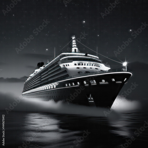 A dramatic, high-contrast black and white cinematic photograph of a sleek, modern cruise ship sailing through the dark, moonless night, its elegant hull gleaming with subtle highlights, against the in