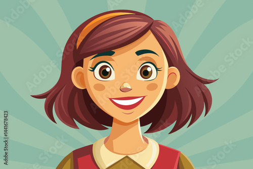 A young girl with a joyful expression and short brown hair stands against a vibrant backdrop. Her bright smile adds warmth and happiness to the lively setting.