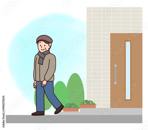 暖かい格好で出かける高齢男性