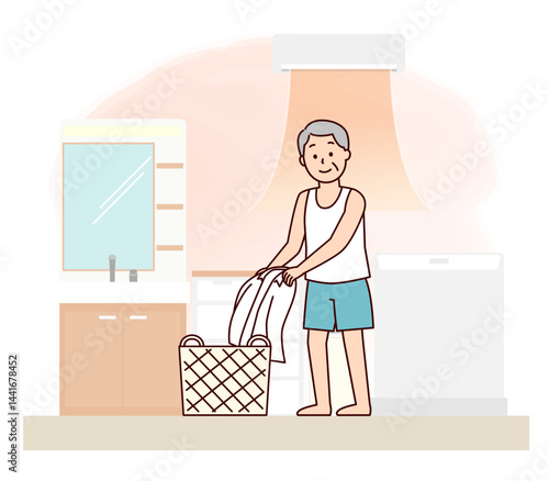 暖かい脱衣所で服を脱ぐ高齢男性