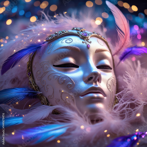 A mystical book cover featuring a delicate, intricately designed silk female mask in the foreground, its gentle curves and folds capturing the soft, romantic lighting