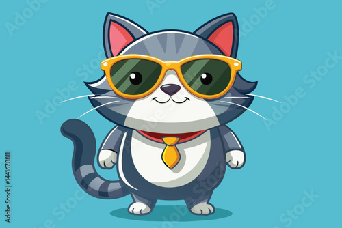 A cheerful cartoon cat stands upright, sporting stylish sunglasses and a bright tie, showcasing a confident demeanor in a lively blue environment.