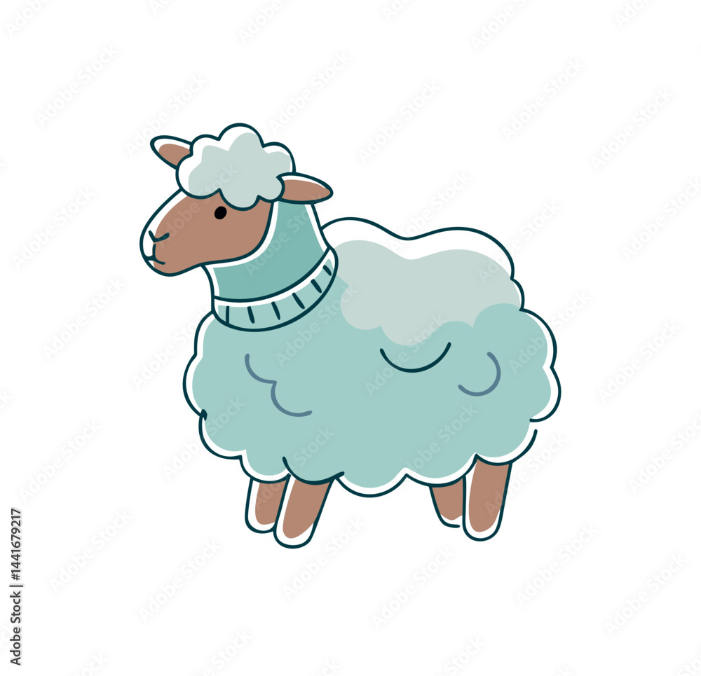 Obraz premium This vector illustration features a cute sheep with a fluffy, light blue wool coat. The sheep has a gentle expression, a light brown head, and wears a stylish neck sweater. 