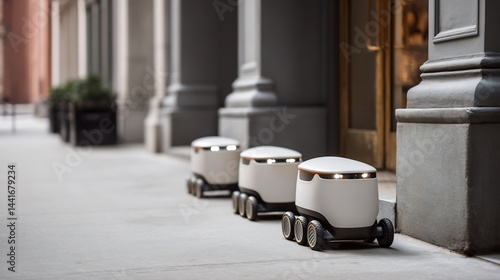 Autonomous delivery robots lined up in a cityscape ready for distribution