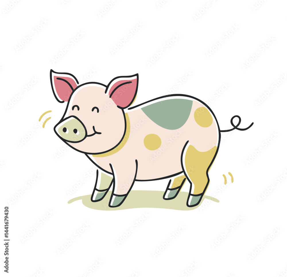 A charming vector illustration of a happy pig with a round body, pink ears, and a friendly smile. It features colorful green and yellow spots, standing on green grass, exuding a playful vibe A charming vector illustration of a happy pig with a round body, pink ears, and a friendly smile. It features colorful green and yellow spots, standing on green grass, exuding a playful vibe